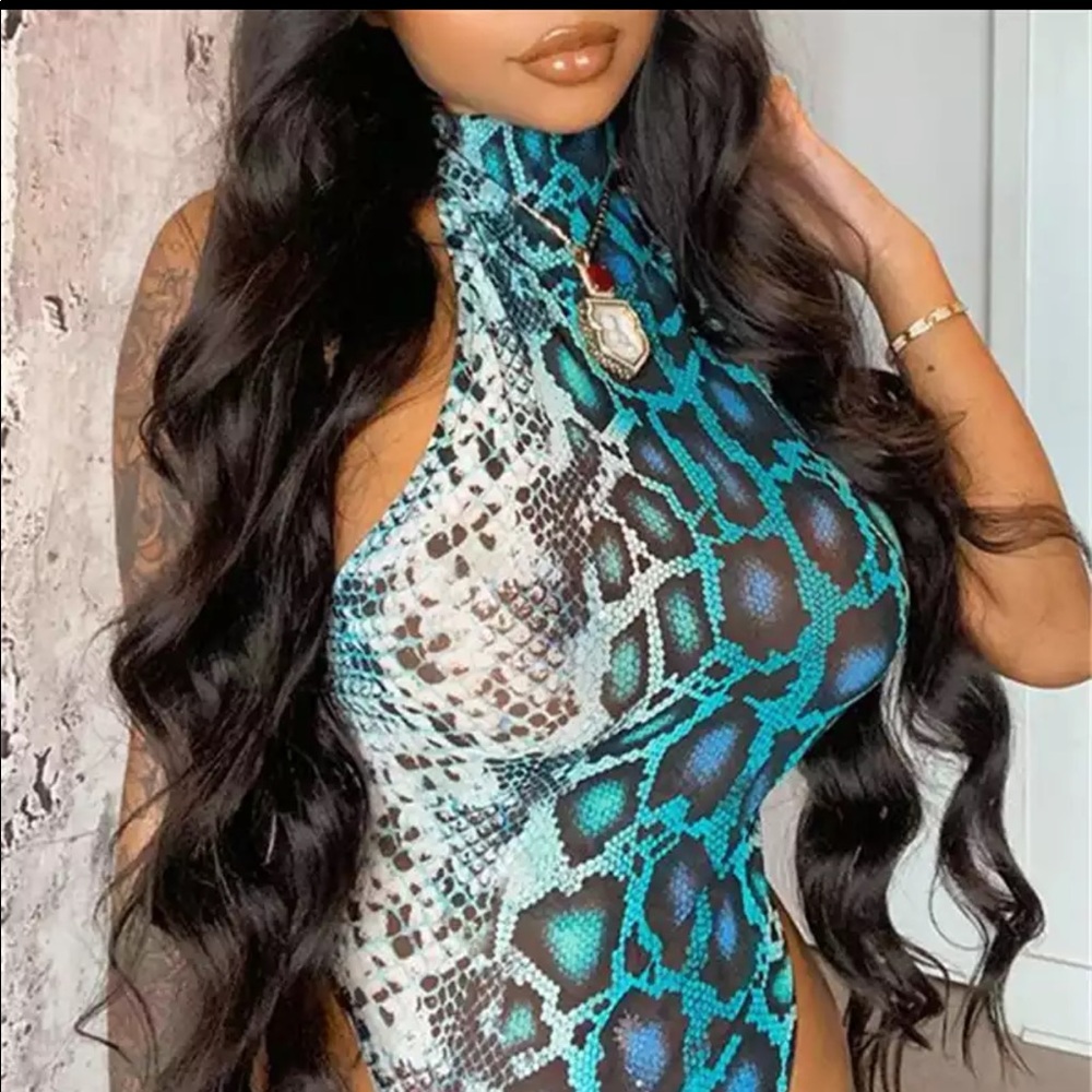 Blue and white snake print bodysuit